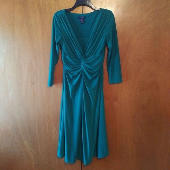 SALE! CHAPS Ralph Lauren Midi Dress, Emerald Green, 3/4 sleeves, M - Picture 3 of 7